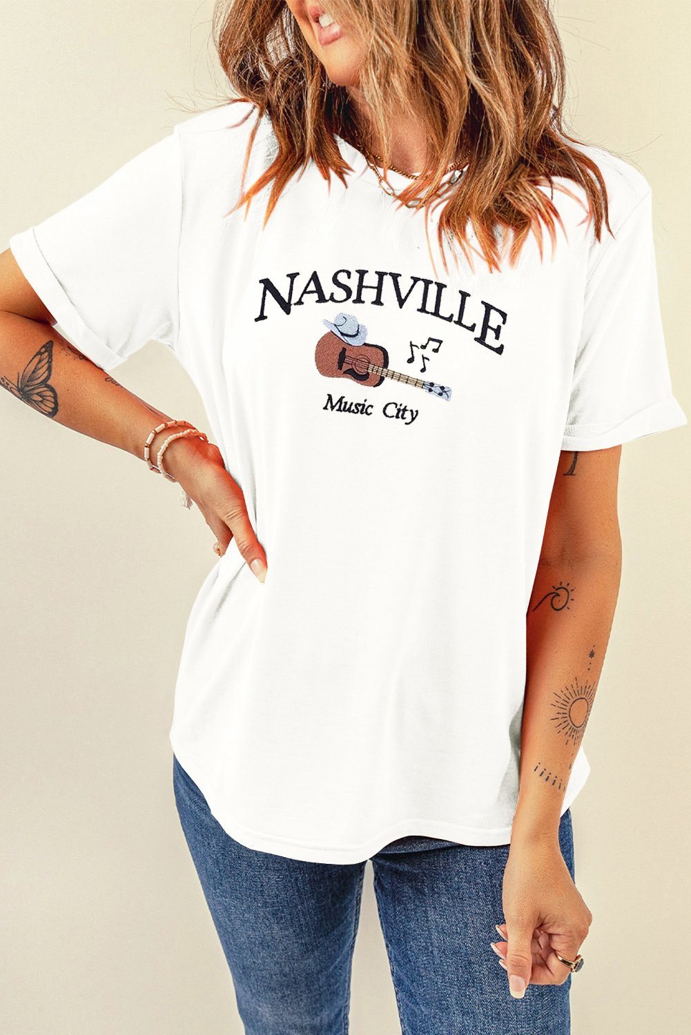 White Guitar Nashville Music City Print Crewneck Tee