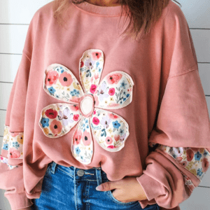 Peach Blossom Floral Applique Baggy Pullover Sweatshirt