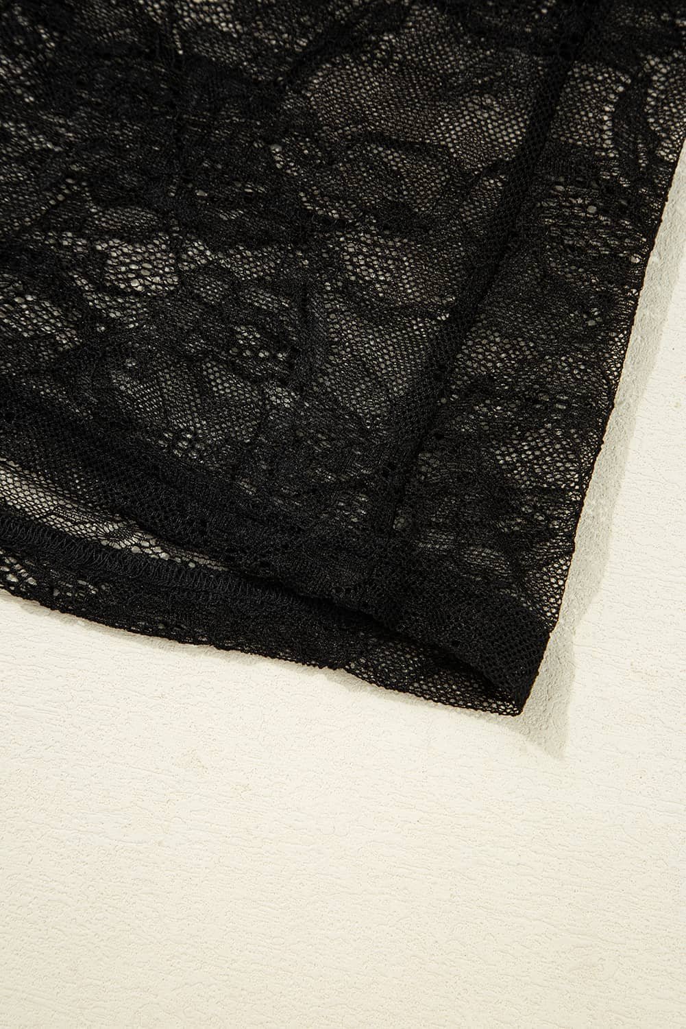 Black Lace Crochet Mesh Patched Slim Fit Long Sleeve Top