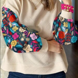 White Floral Patchwork Sleeve Textured Plus Size Pullover Top