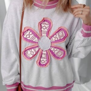 Gray Flower Patch Contrast Trim Crew Neck Sweatshirt