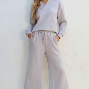 Light Grey Solid Textured Collared V Neck Top And Wide Leg Pants Set