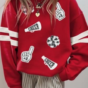 Fiery Red Cheer For Game Day Sequin Patched Oversize Varsity Sweatshirt