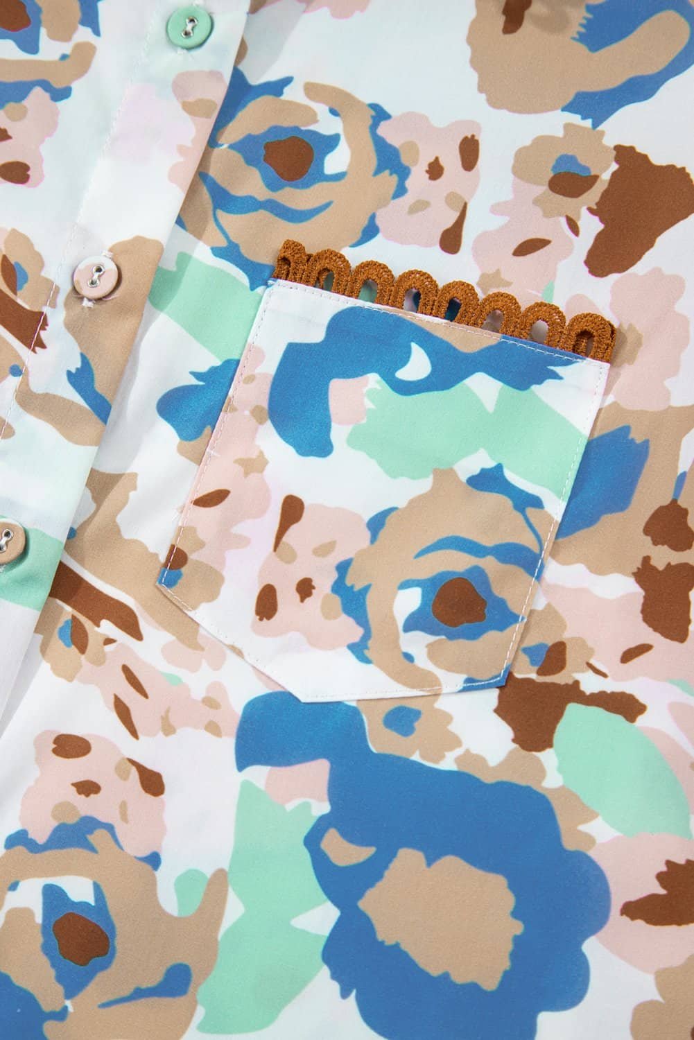 Multicolour Floral Print Ricrac Trim Collared Puff Short Sleeve Shirt