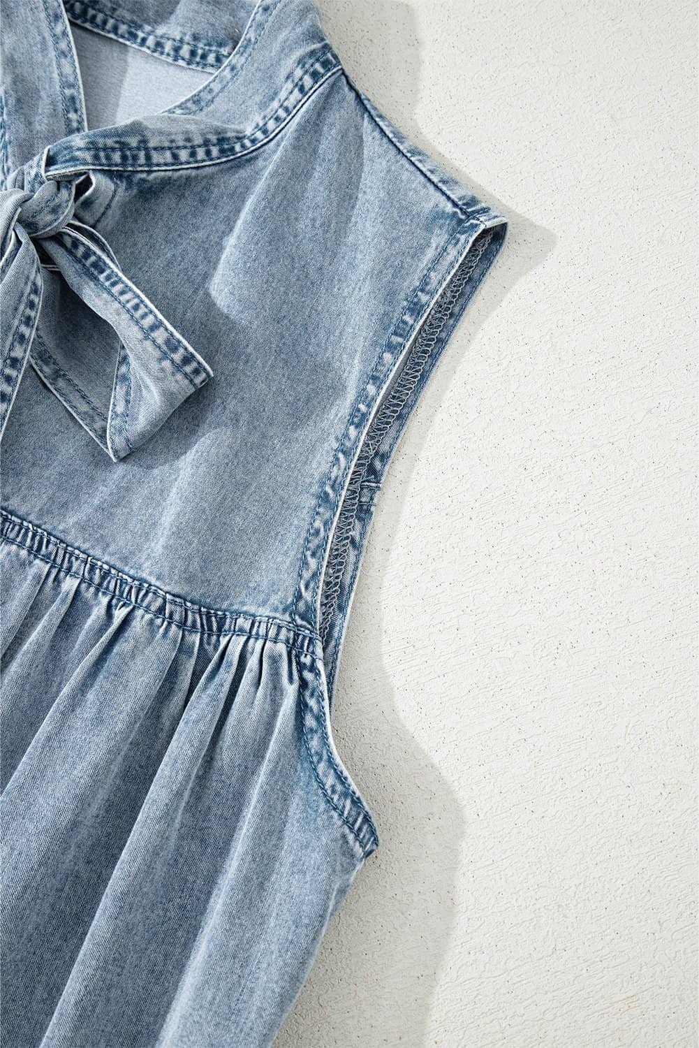 Real Teal Bowknot Neck Sleeveless Ruffled Chambray Dress
