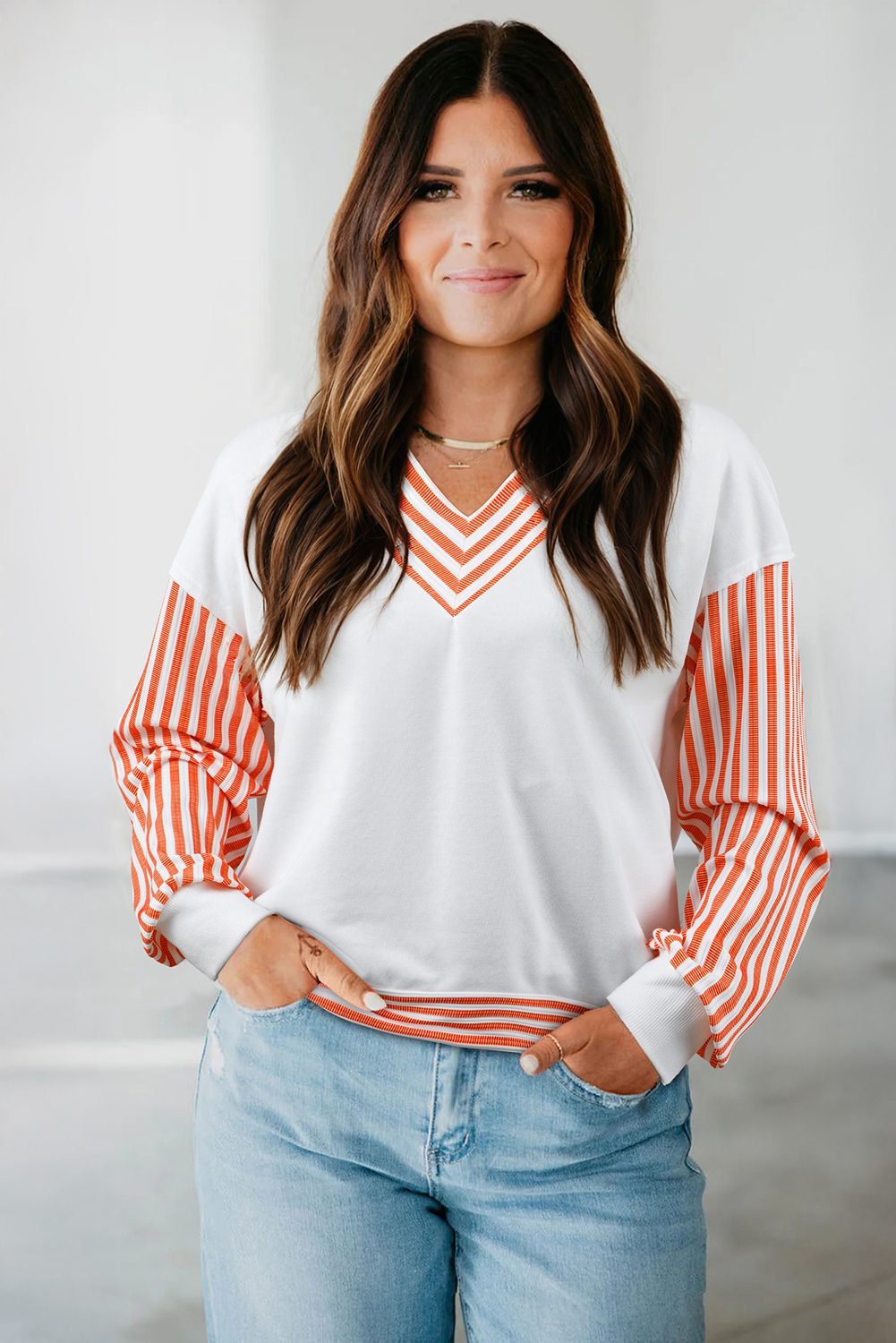 Orange Stripe V Neck Drop Shoulder Patchwork Long Sleeve Top
