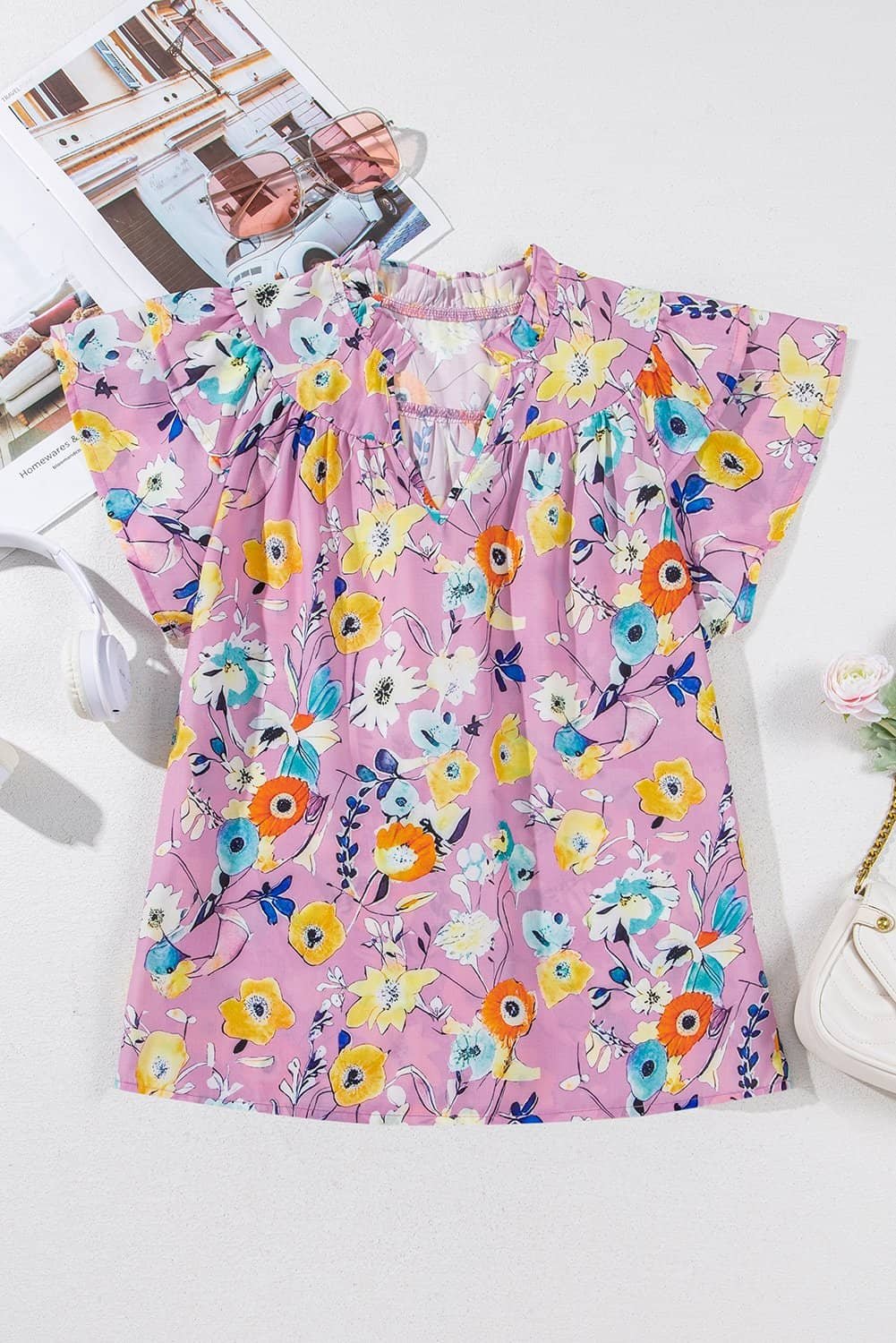 Pink Flutter Sleeve V Neck Floral Top