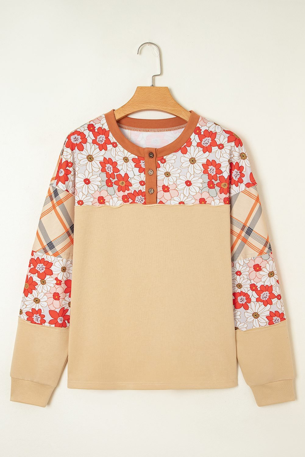 Parchment Floral Plaid Patchwork Casual Top