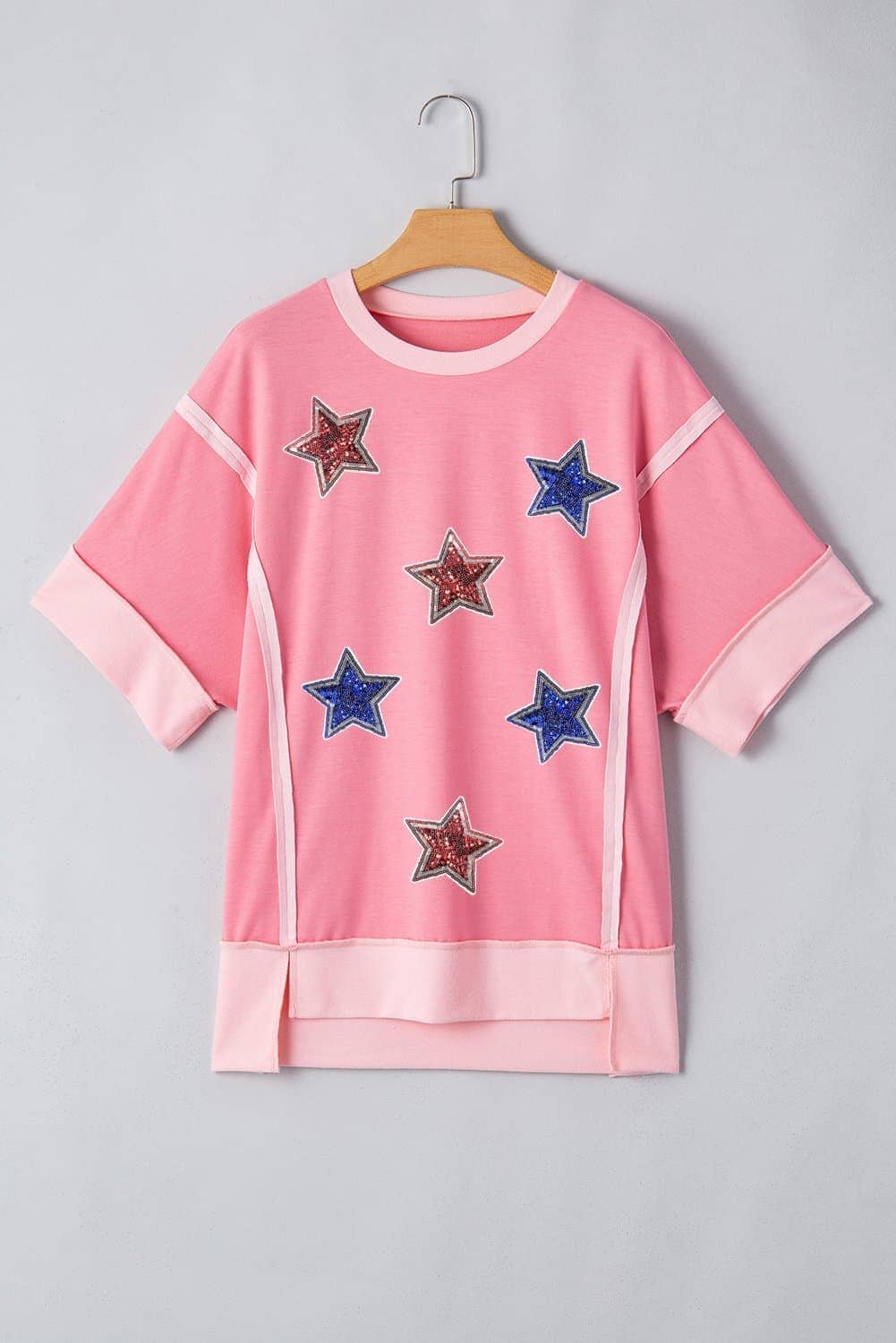 Peach Blossom Independence Day Sequin Star Graphic Contrast Patchwork Tee