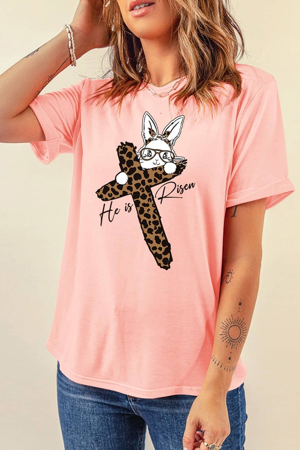 Pink He Is Risen Easter Bunny Leopard Cross Graphic Tee