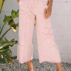 Pink Flower Patch Mineral Washed Terry Knit Cropped Wide Leg Pants