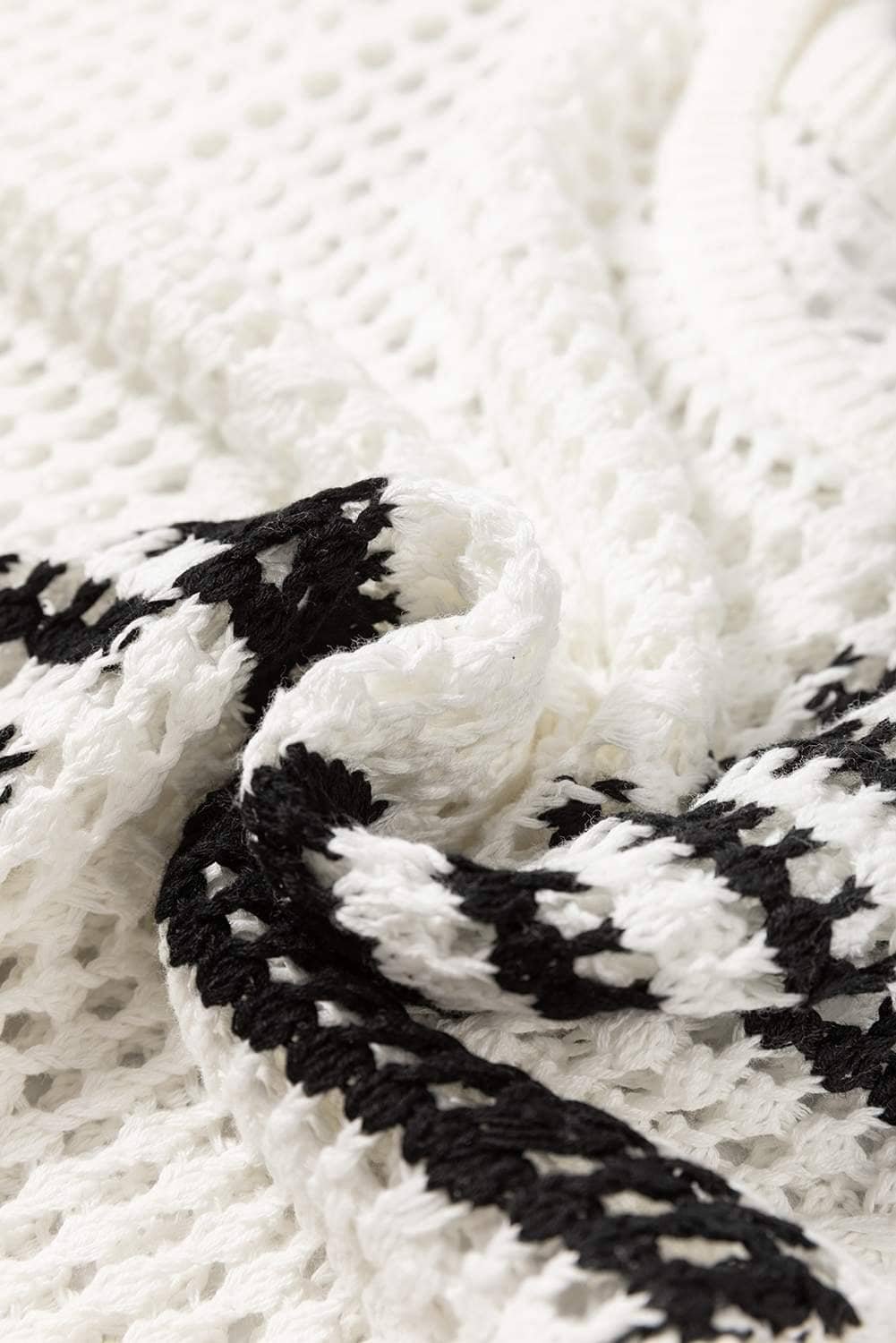 White Stripe Hollow-Out Openwork Knit Puff Sleeve Sweater