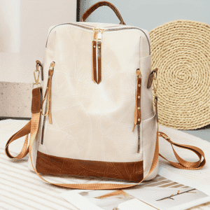White Multi Compartment Zipper Pu Leather Large Capacity Backpack
