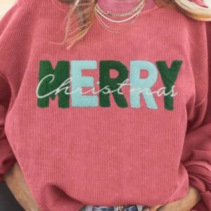 Strawberry Pink Merry Christmas Corded Pullover Sweatshirt