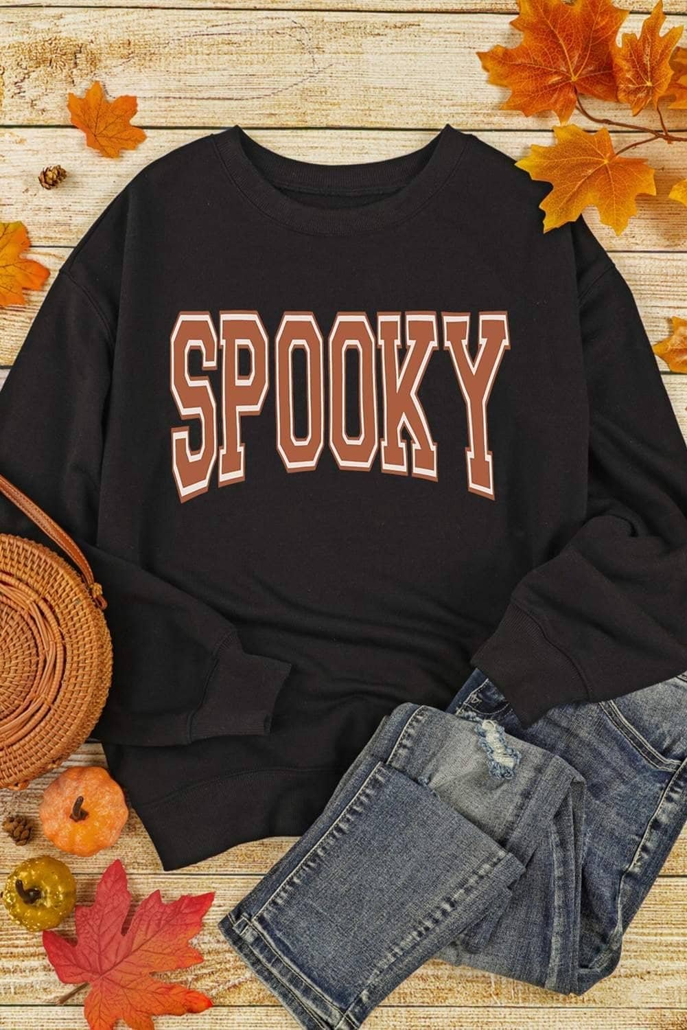 Black Spooky Graphic Drop Shoulder Halloween Pullover Sweatshirt