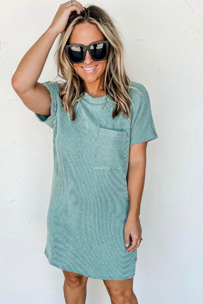 Blue Striped Ribbed Knit T-Shirt Shift Dress