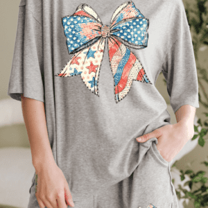 Gray Usa Flag Bow Print Half Sleeve Tee And High Waist Shorts Set