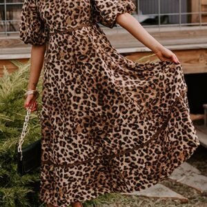 Brown Leopard Print Bubble Sleeve Square Neck Maxi Dress