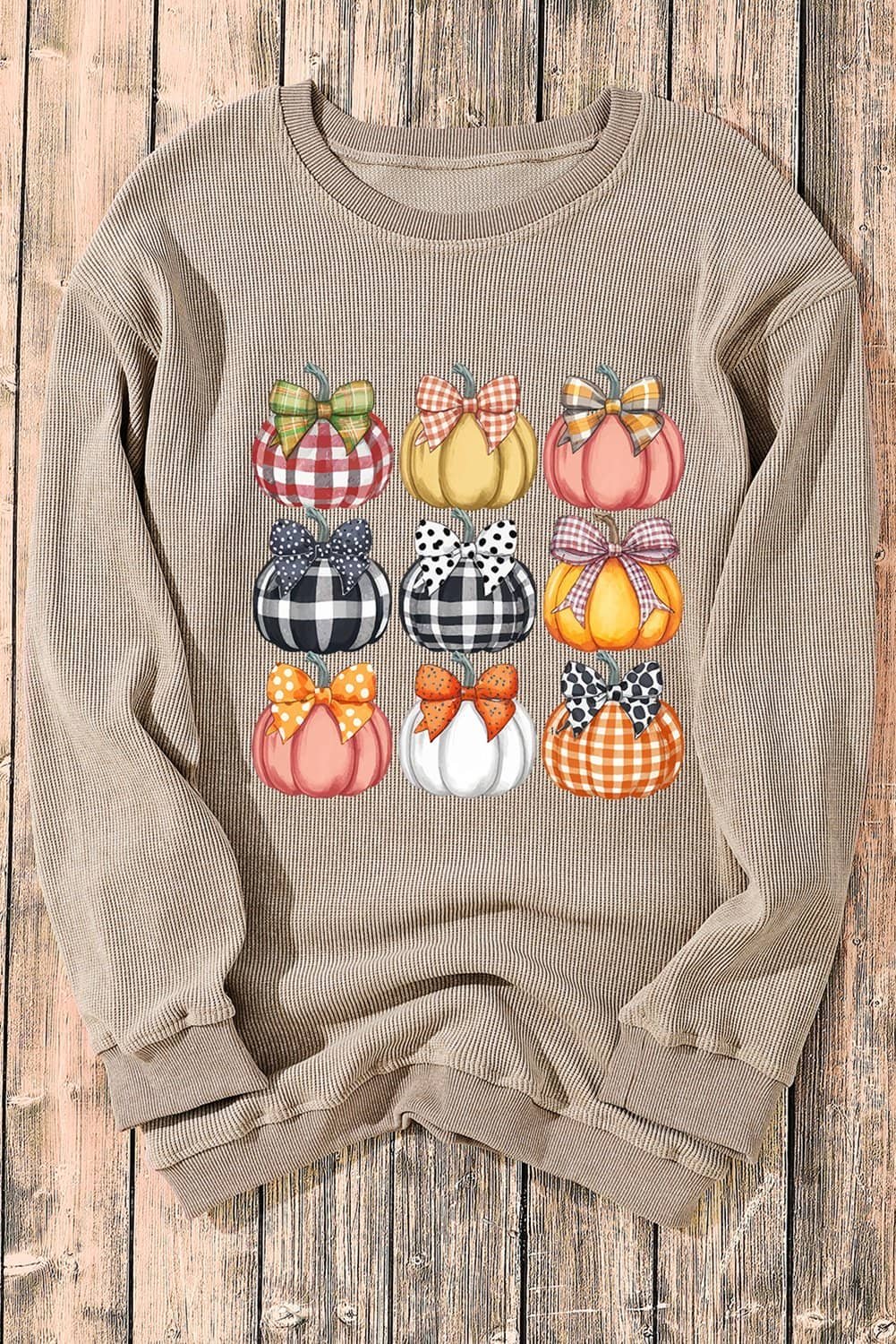 Khaki Trendy Textured Bow Pumpkin Graphic Baggy Sweatshirt
