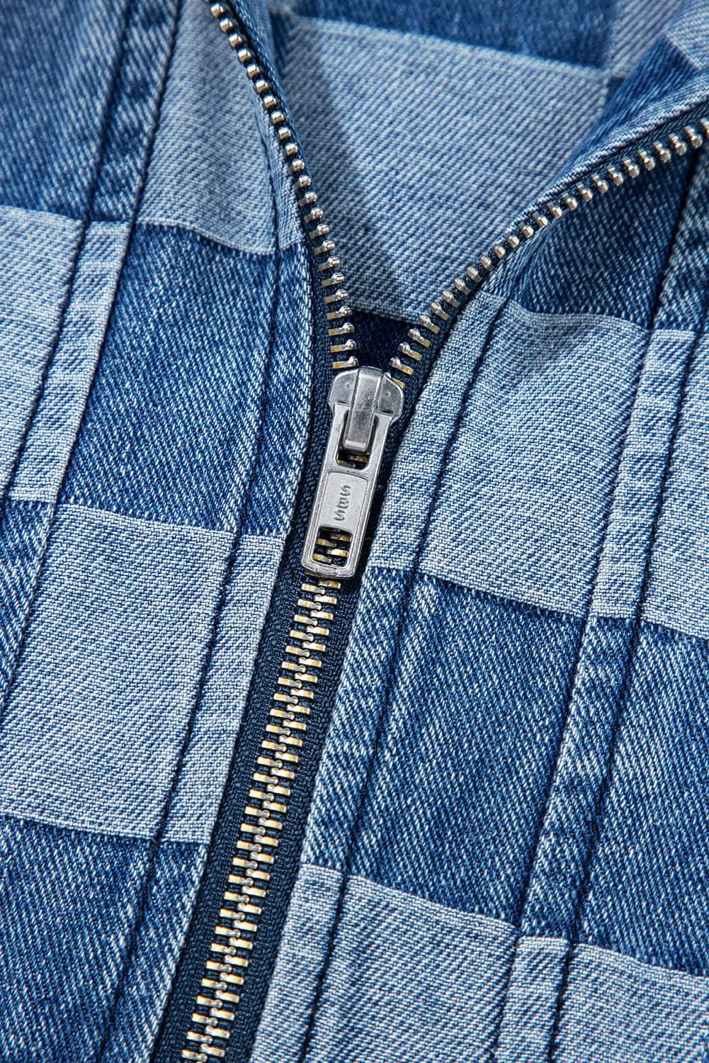 Sky Blue Checkerboard Zipped Neck Kangaroo Pocket Denim Hoodie