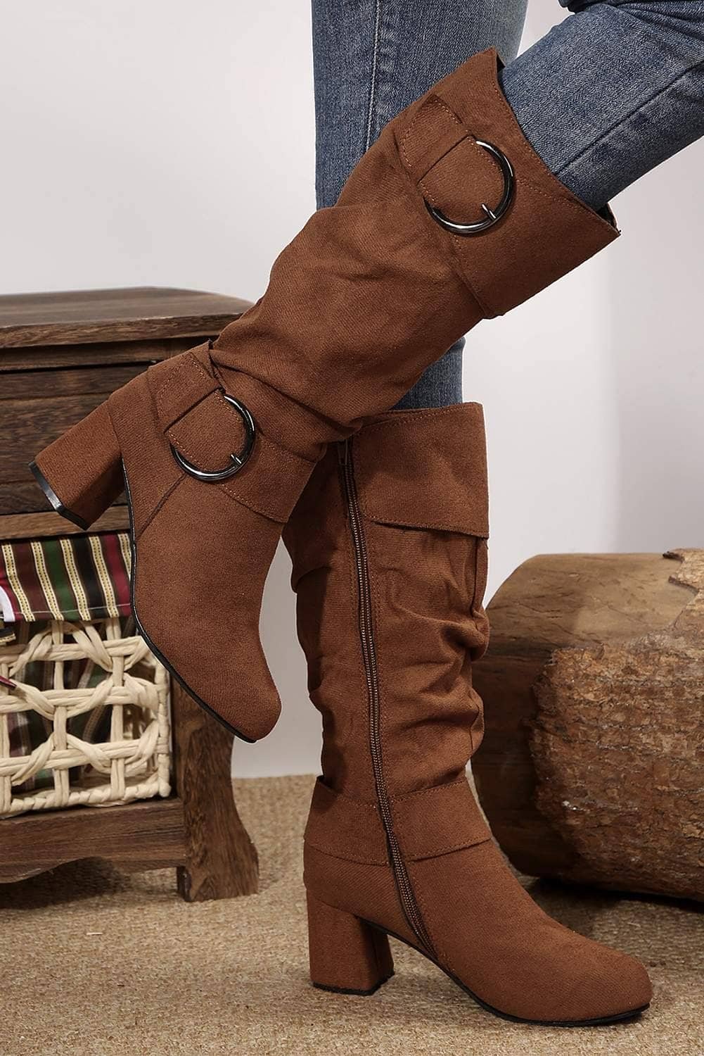 Coffee Suede Double Buckled Side Zipped Mid-Calf Boots