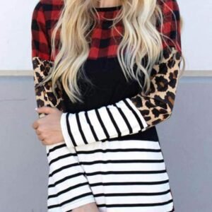 Plaid Print Leopard Splicing Striped Color Block Long Sleeve Top