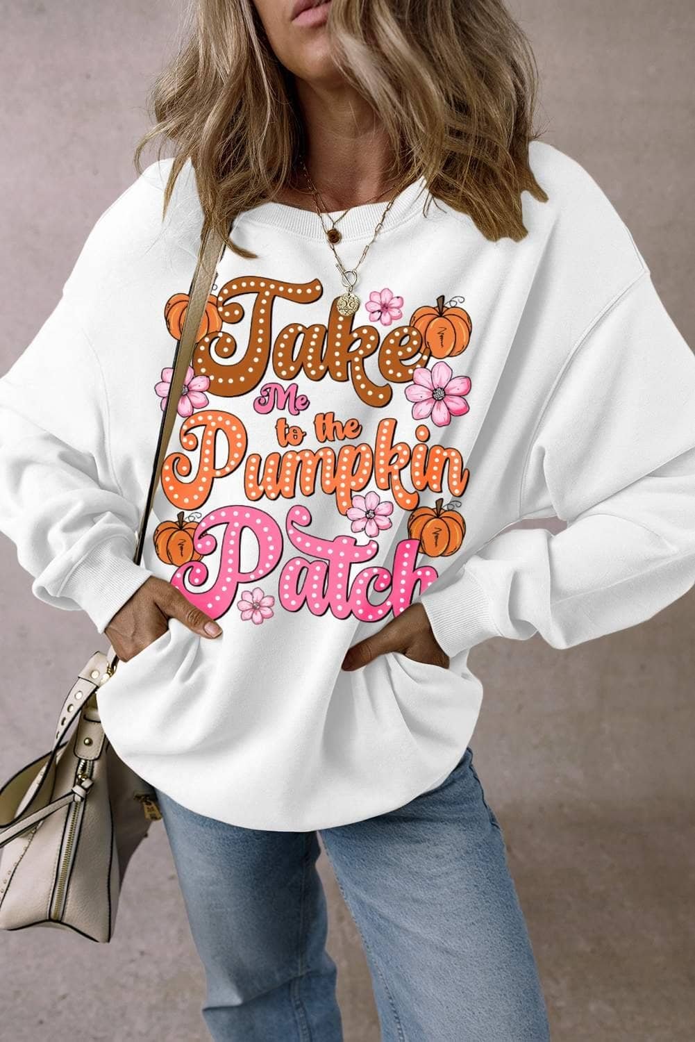 White Take Me To The Pumpkin Patch Floral Halloween Sweatshirt