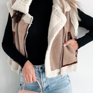 Dark Khaki Sherpa Lined Faux Suede Lapel Collar Vest