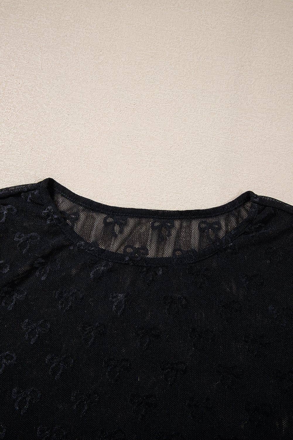Black Mesh Bow Pattern Long Sleeve Top