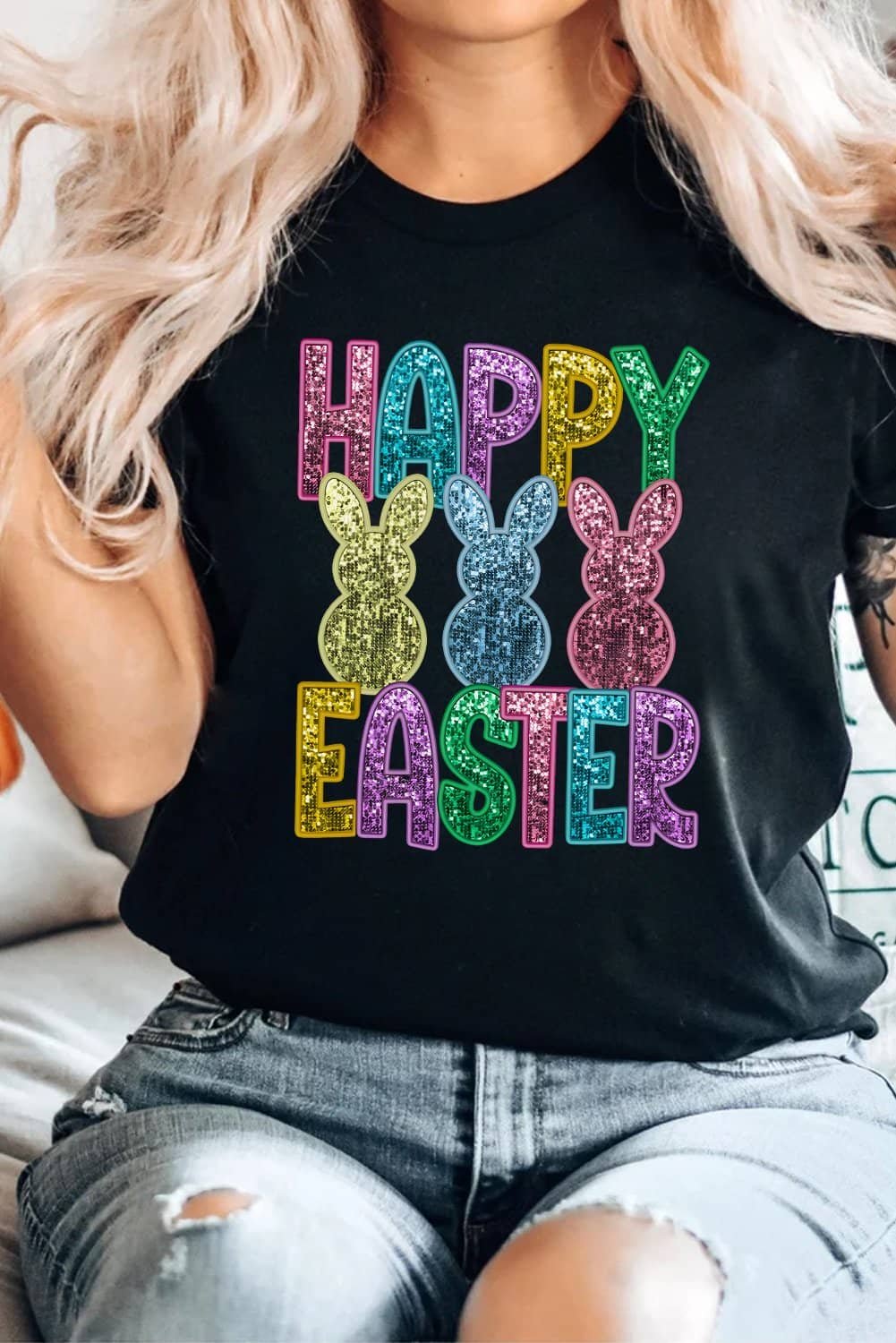 Black Glittering Bunny Happy Easter Graphic T Shirt