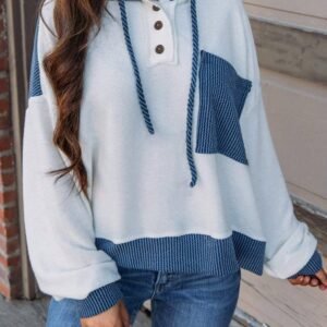 White Corded Colorblock Patch Pocket Drawstring Hooded Top