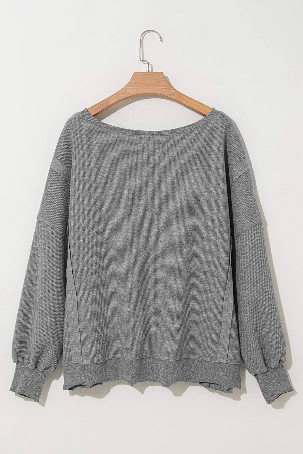 Gray Waffle Knit Bishop Sleeve Split Oversized Top