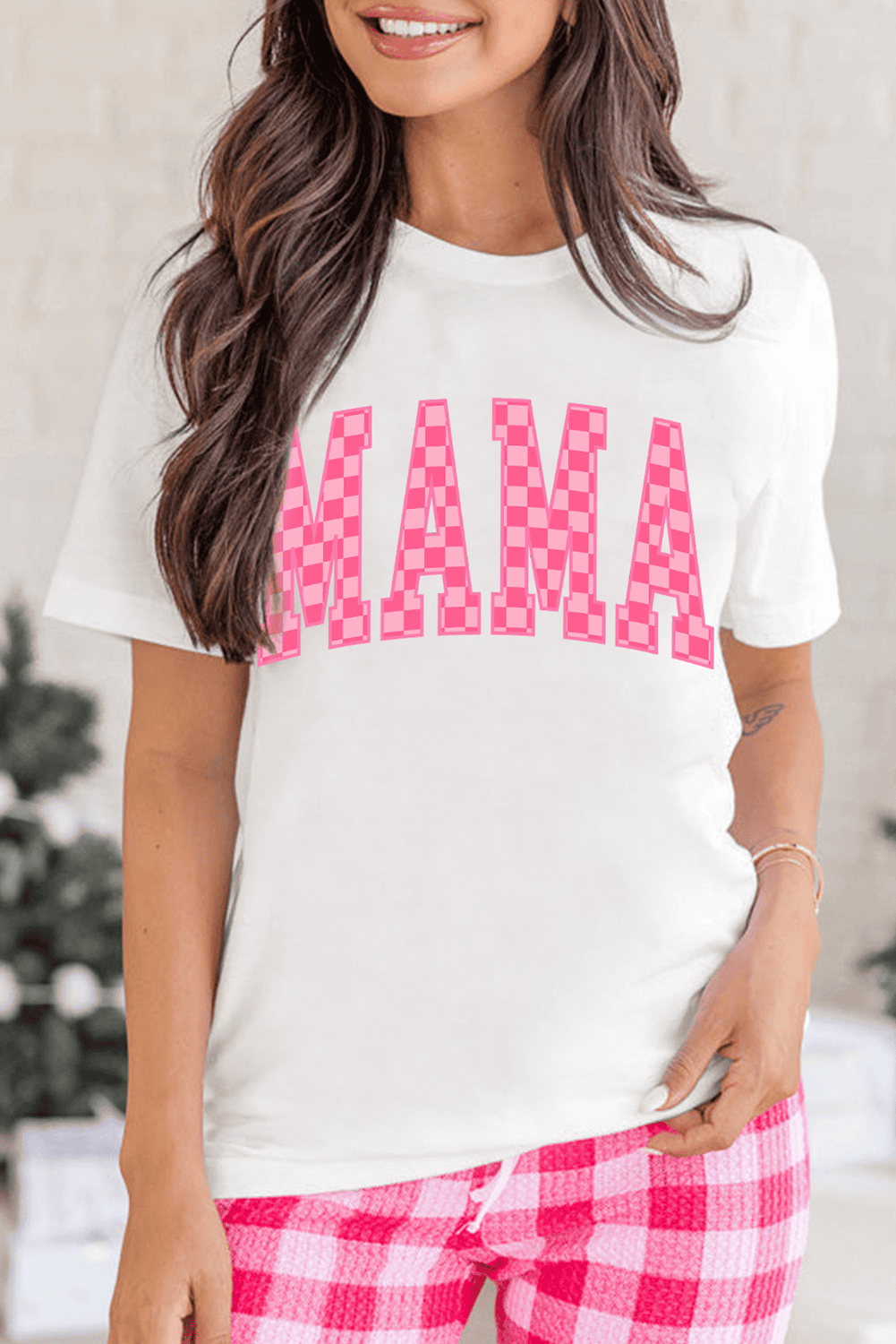White Checkered Mama Letter Graphic T Shirt