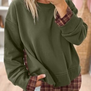 Moss Green Vintage Plaid Patchwork Drop Shoulder Sweatshirt