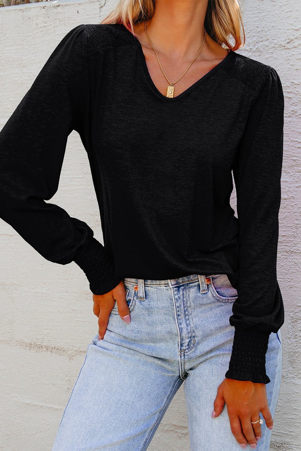 Black Shirred Shoulder Frilled Cuffs Long Sleeve Top