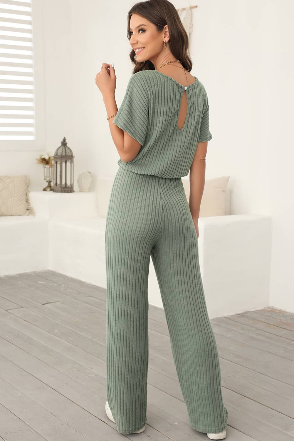 Laurel Green Ribbed Keyhole Short Sleeve Wide Leg Jumpsuit