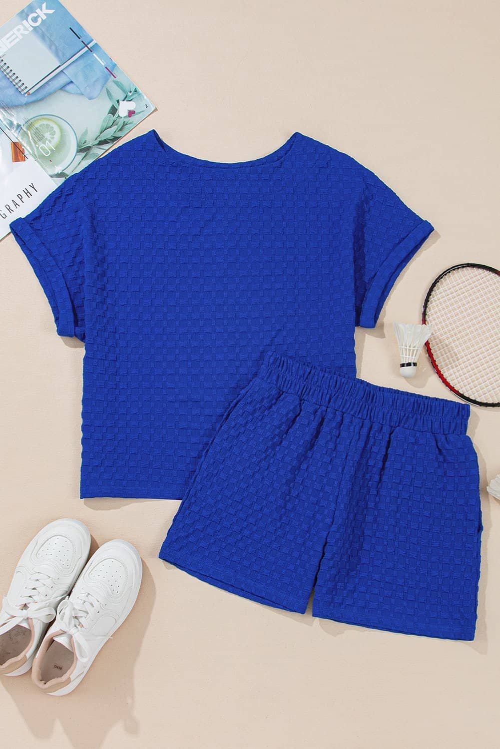 Sky Blue Jacquard Textured Buttoned Tee And Shorts Set