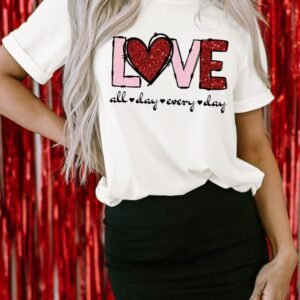 White Valentine Love Heart Shape Crew Neck Graphic Tee