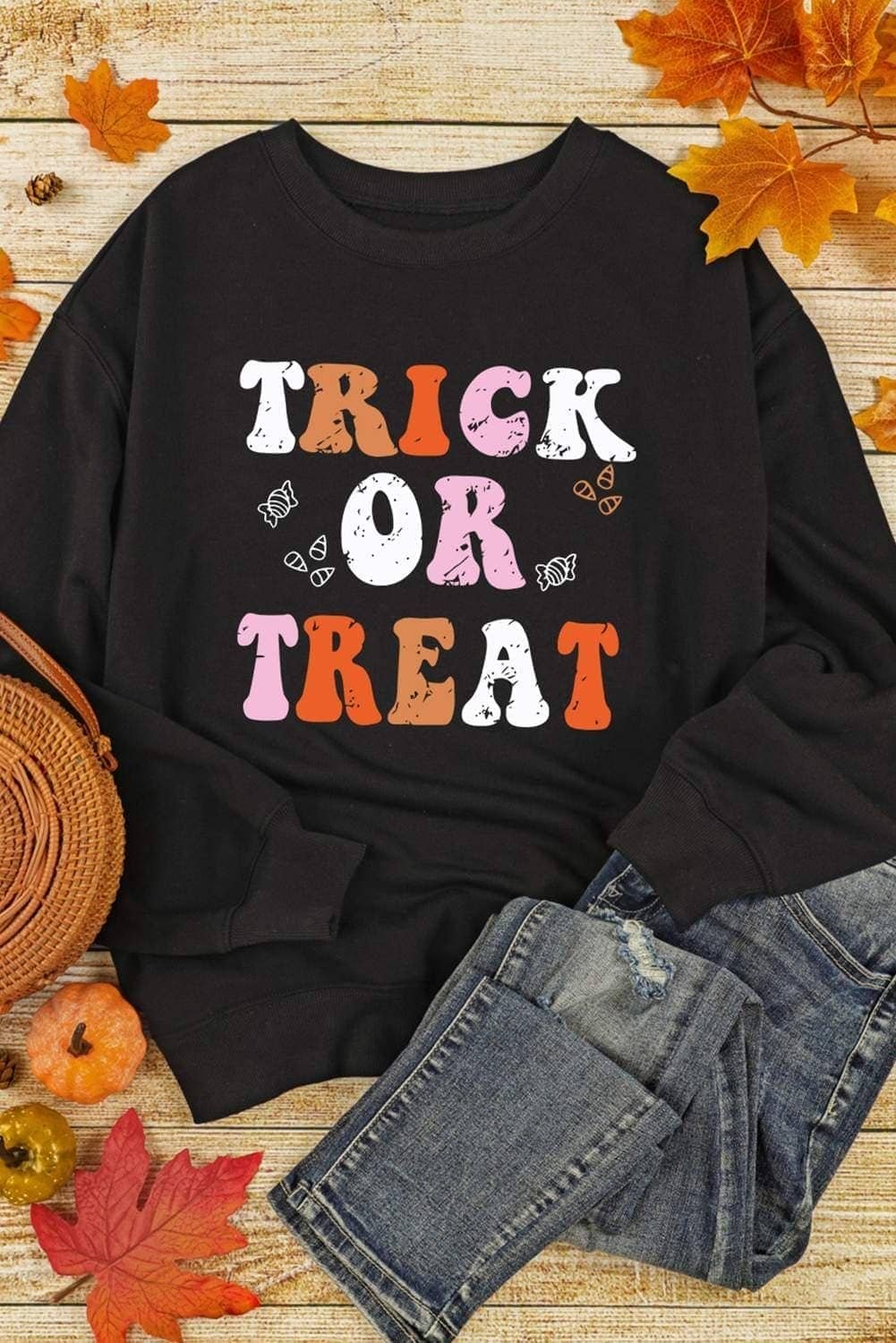 Black Trick Or Treat Graphic Crewneck Halloween Sweatshirt