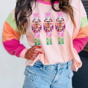 Pink Christmas Sequin Nutcracker Graphic Colorblock Long Sleeve Top
