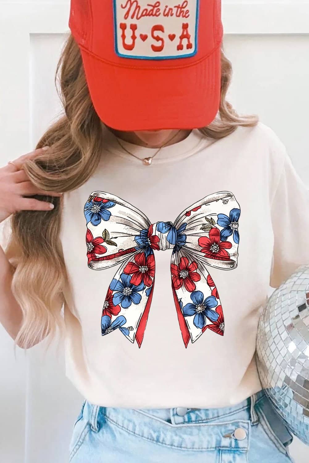 White July 4Th Flower Bowknot Print Crew Neck T Shirt