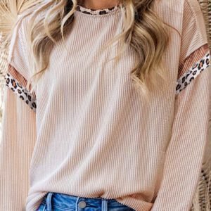 Beige Twist Ribbed Leopard Color Block Detail Drop Shoulder Long Sleeve Top