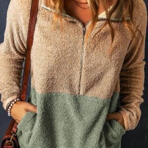 Smoke Gray Two Tones Color Block Half Zip Fleece Sweatshirt