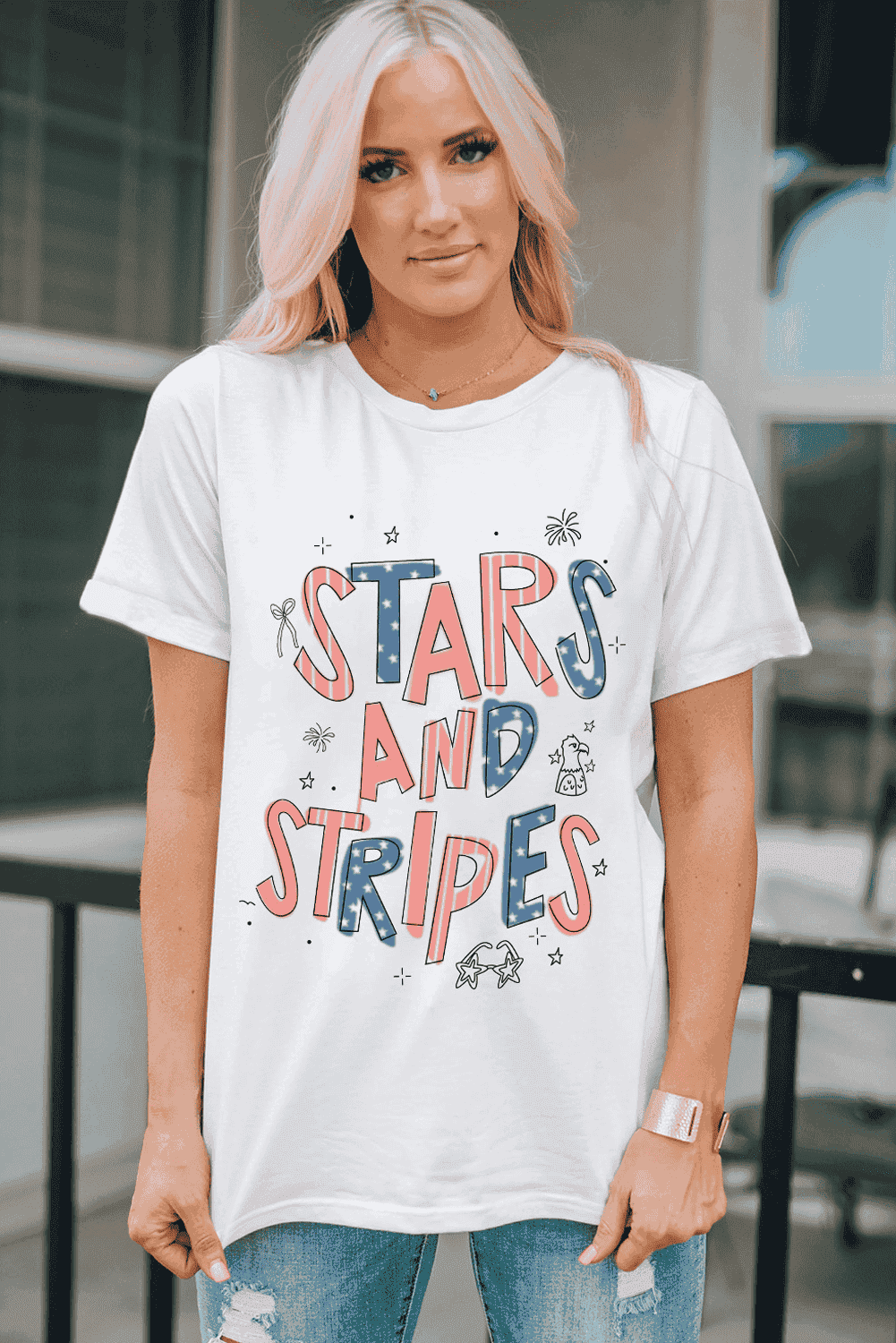 White Stars And Stripes Crew Neck Graphic Tee