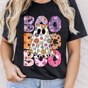 Black Boo Floral Ghost Print Crew Neck Halloween T Shirt