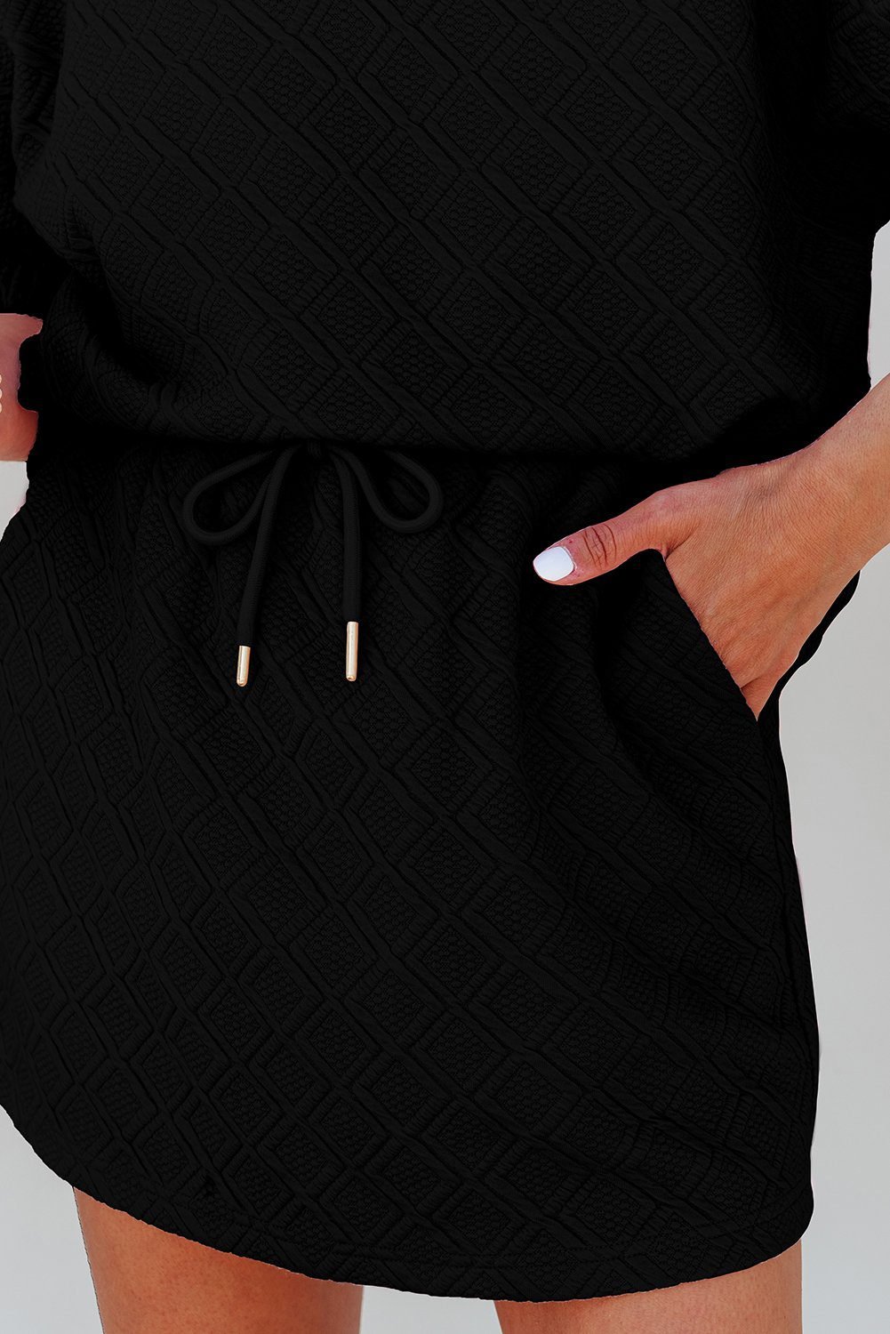 Color Black Striped Collared Zip Up Textured Skirt Set