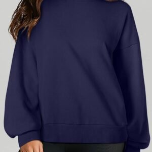 Navy Blue Solid O Neck High Low Hem Pullover Sweatshirt
