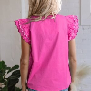 Bright Pink Contrast Scallop Trim Layered Short Sleeve V Neck Blouse