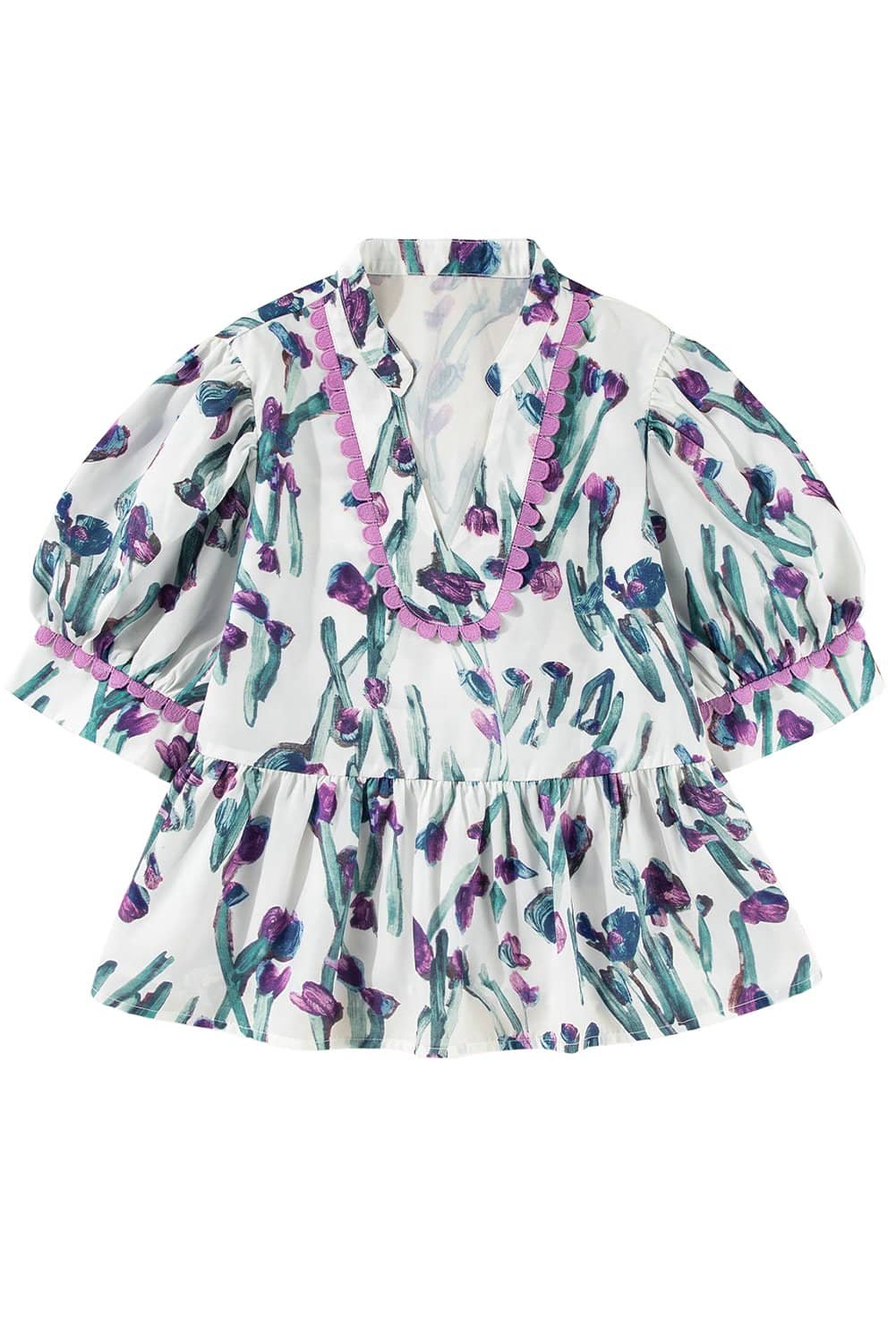 Purple Floral Ricrac Trim Half Sleeve Peplum Top