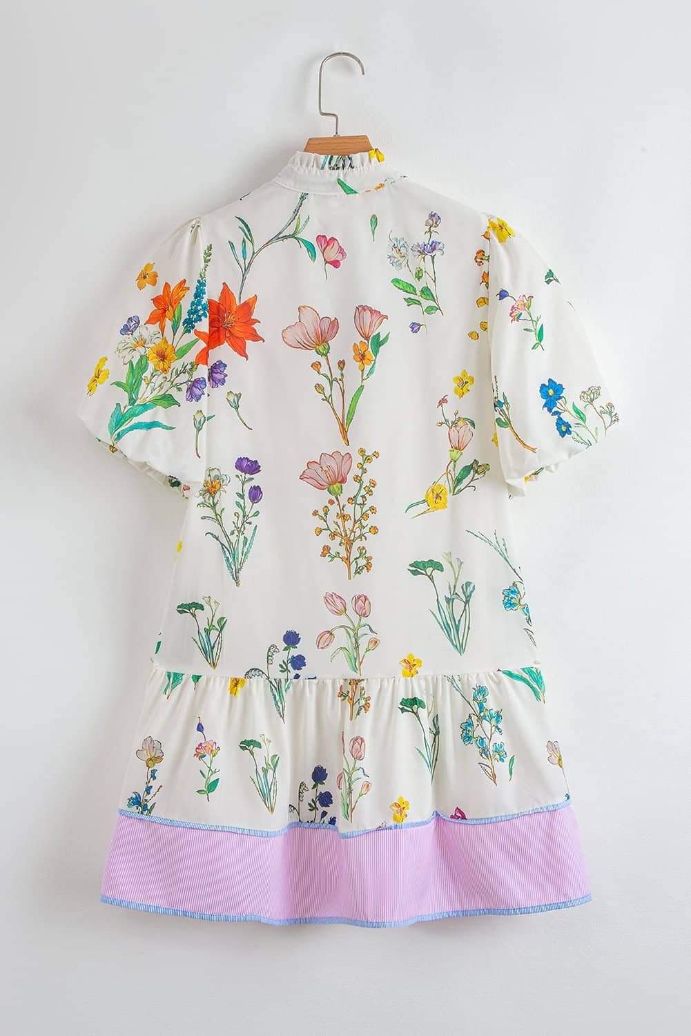 White Floral Print Contrast Striped Patchwork Short Puff Sleeve Dress